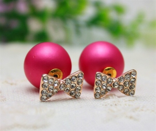 Øreringe - perle med sløjfe, pink 